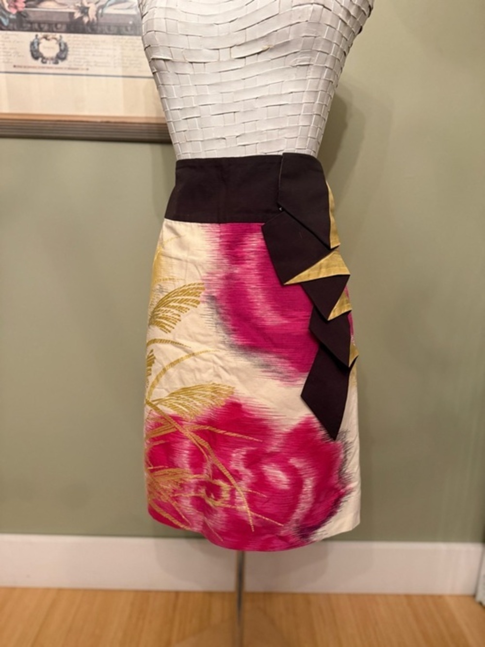 Anthropologie Floreat Thames Ikat Pencil Skirt Side Origami Pleat Size 4 Cotton